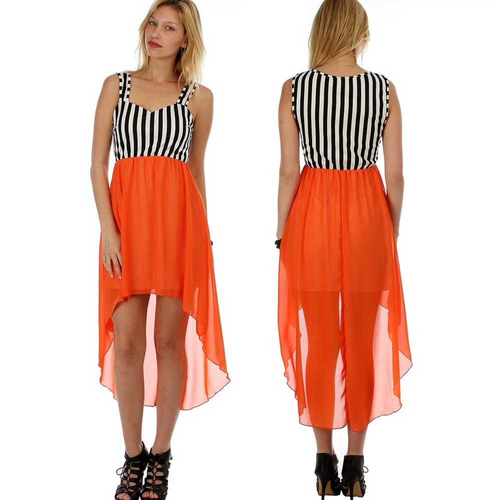 NEW✨ Black & White Striped Orange Hi-Low Halloween Jail Beetlejuice Dress